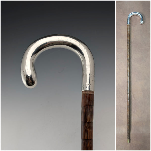 1912 British antique brown shaft sterling silver plain curved handle walking stick 92cm